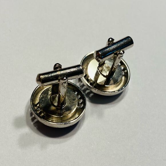 Vintage Mid Century Cufflinks silvertone & dark green stone classic rounds - Picture 5 of 6